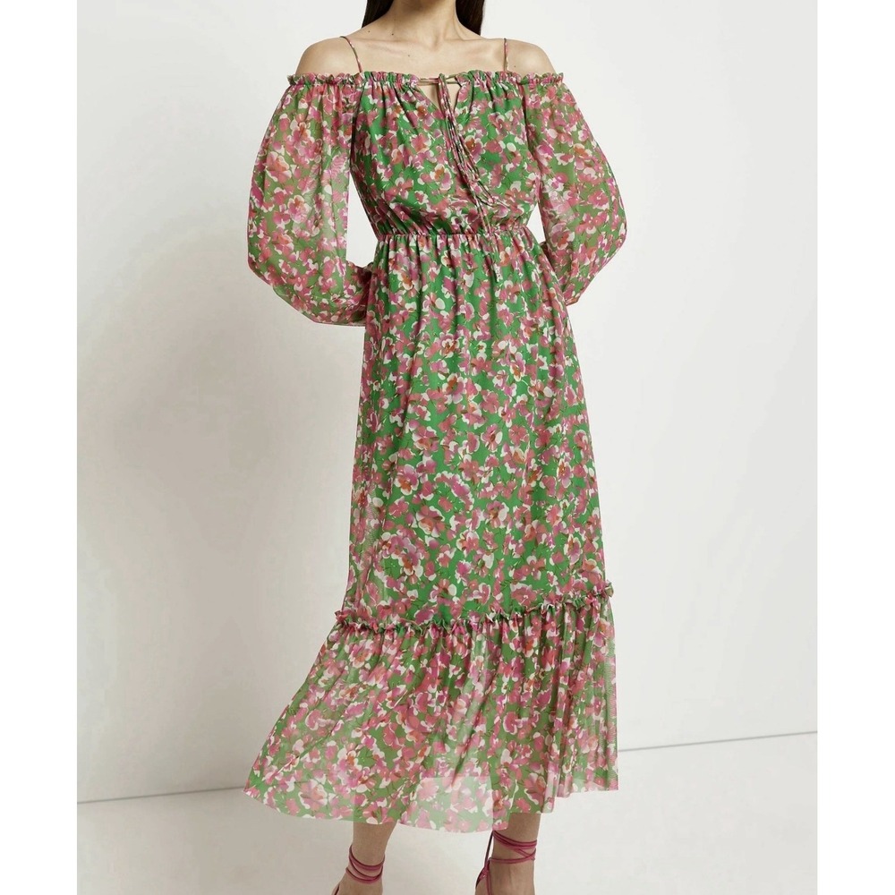 River Island Floral Maxi Dress Size 16 Off Shoulder